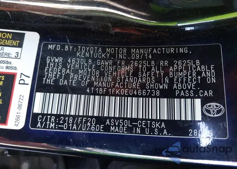 2014 Toyota Camry Se из США, поврежденный, VIN 4T1BF1FK0EU466738